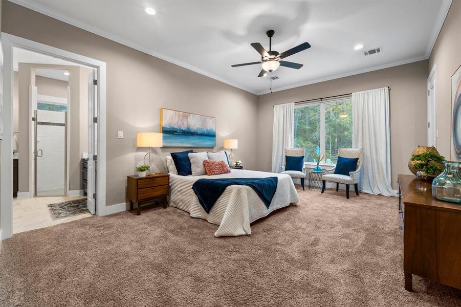 This generously sized primary bedroom features ample room for a king-sized bed and additional furnishings, creating the perfect environment for relaxation and rejuvenation.