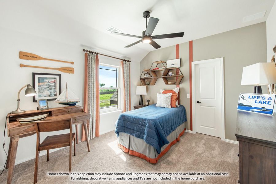 Children's bedroom with twin bed, ceiling fan, vaulted ceiling, wood desk, and hexagon wall shelves Children's bedroom with twin bed, ceiling fan, vaulted ceiling, wood desk, and hexagon wall shelves
