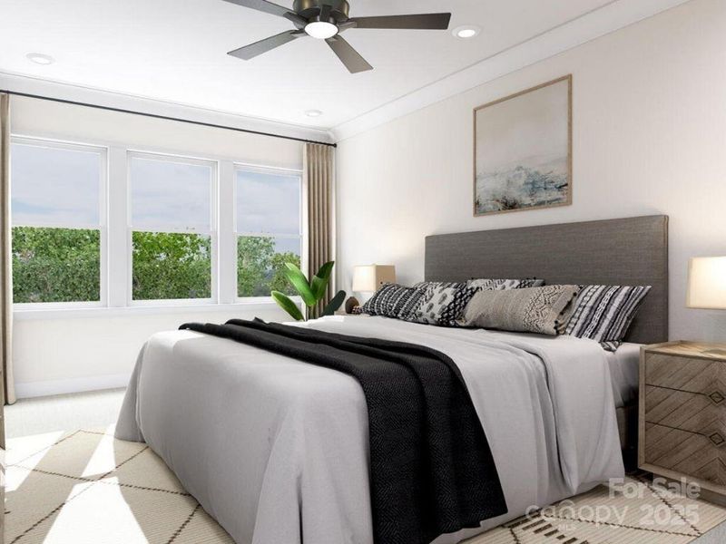 Primary Suite Complete with Views, a Walk-In Closet, and En Suite Bath *Virtual Rendering | Actual Finishes, Structural Selections, and Orientation May Vary.