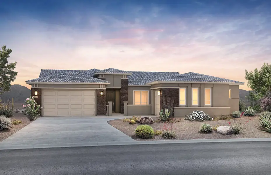 Front exterior of a new home in Harvest - Enchantment Series, Queen Creek, AZ, highlighting curb appeal (Image 2). Front exterior of a new home in Harvest - Enchantment Series, Queen Creek, AZ, highlighting curb appeal (Image 2).