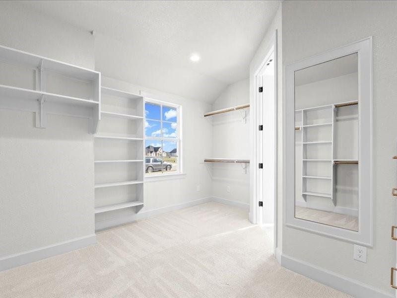 Walk in closet featuring light carpet and vaulted ceiling Walk in closet featuring light carpet and vaulted ceiling