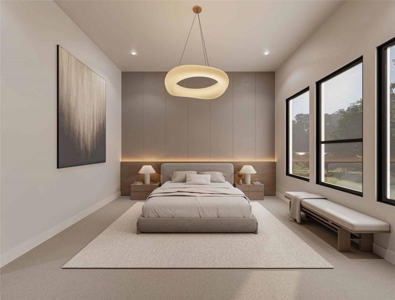 Bedroom with light colored carpet, recessed lighting, and a decorative wall Bedroom with light colored carpet, recessed lighting, and a decorative wall