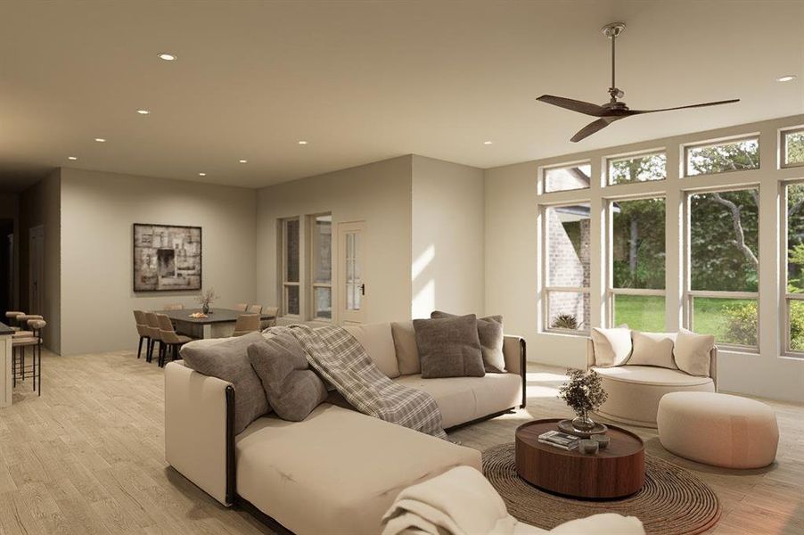 Living room featuring ceiling fan
- Architectural Rendering