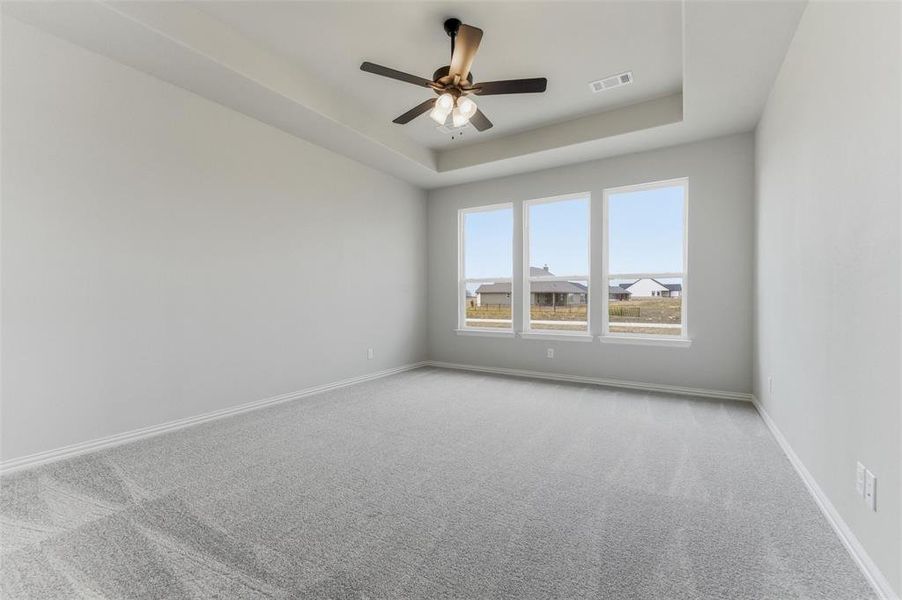 Carpeted empty room with ceiling fan and a tray ceiling