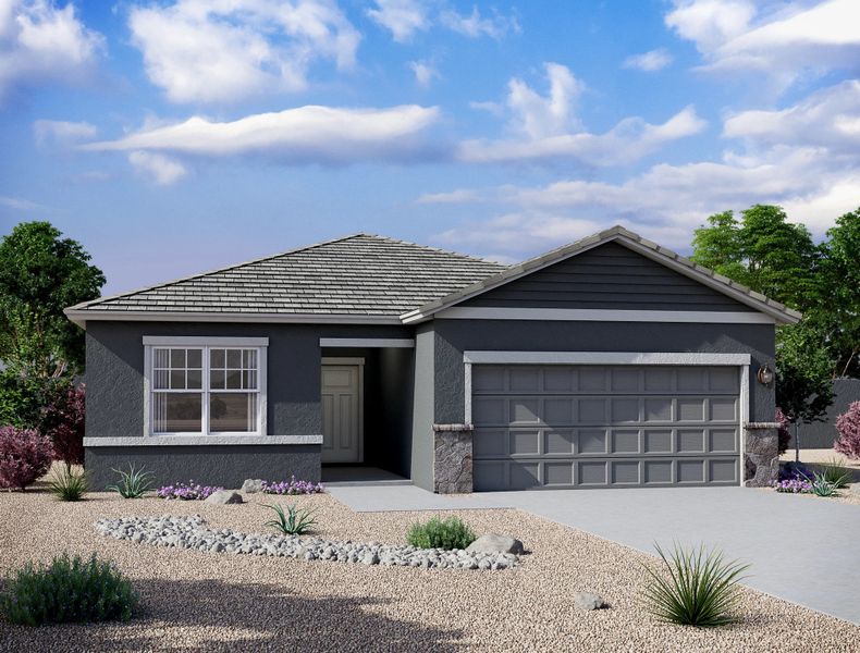 Front exterior of a new home in Magic Ranch, Florence, AZ, highlighting curb appeal (Image 1). Front exterior of a new home in Magic Ranch, Florence, AZ, highlighting curb appeal (Image 1).