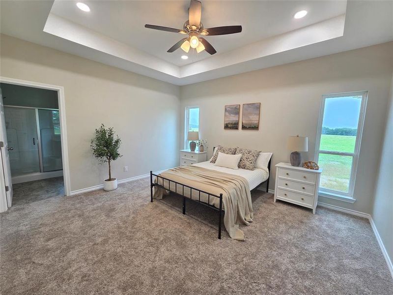 Carpeted bedroom with multiple windows, a tray ceiling, recessed lighting, ensuite bath, and ceiling fan Carpeted bedroom with multiple windows, a tray ceiling, recessed lighting, ensuite bath, and ceiling fan