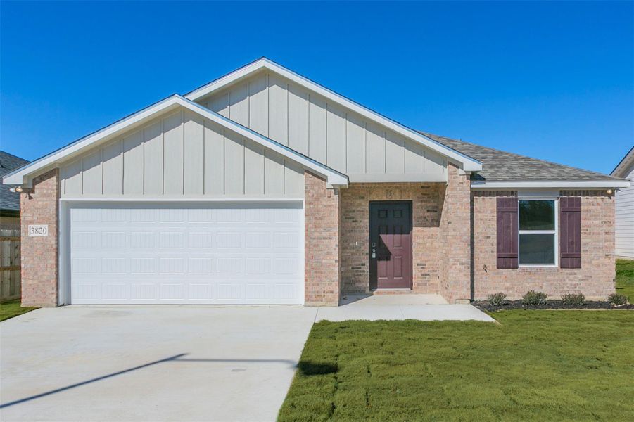 View of front of house featuring board and batten siding, an attached garage, a front lawn, and concrete driveway View of front of house featuring board and batten siding, an attached garage, a front lawn, and concrete driveway