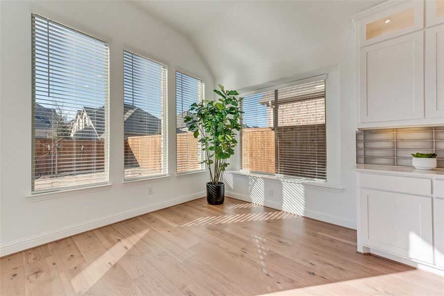 Unfurnished dining area with vaulted ceiling, light hardwood / wood-style flooring, and a wealth of natural light