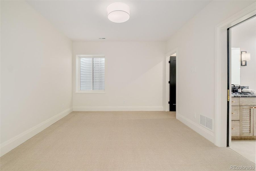 basement bedroom and attached bathroom