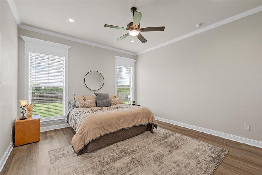 Spacious primary bedroom with ceiling fan, large windows, and backyard views. Spacious primary bedroom with ceiling fan, large windows, and backyard views.