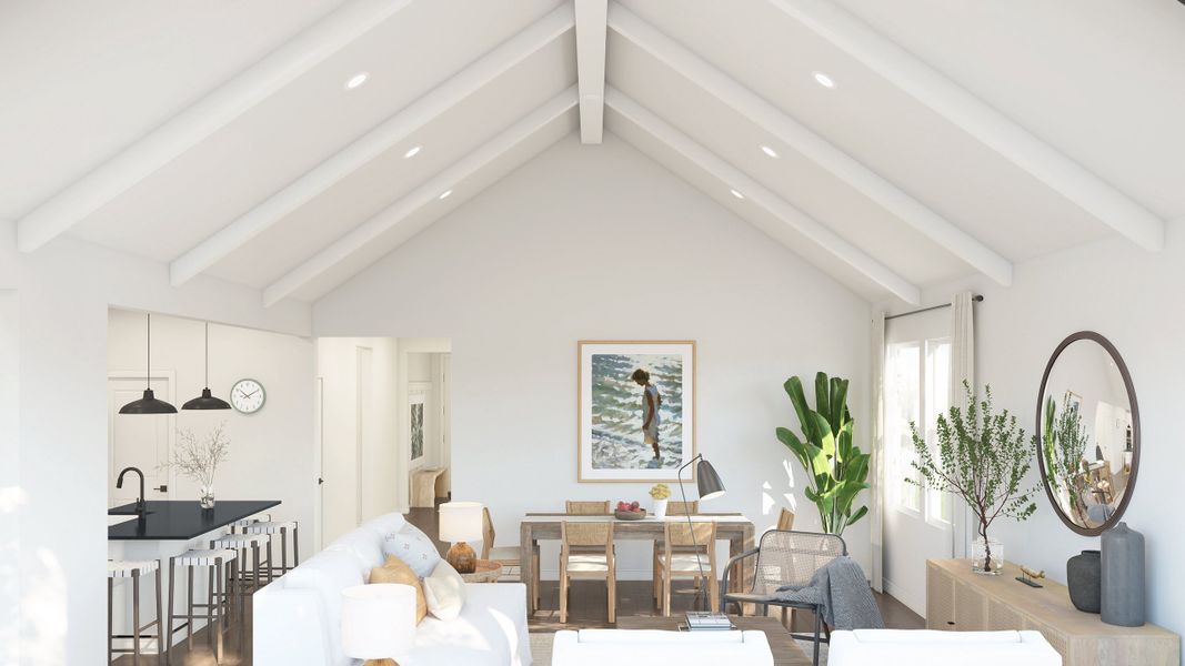 Vaulted ceiling with white painted ceiling beams