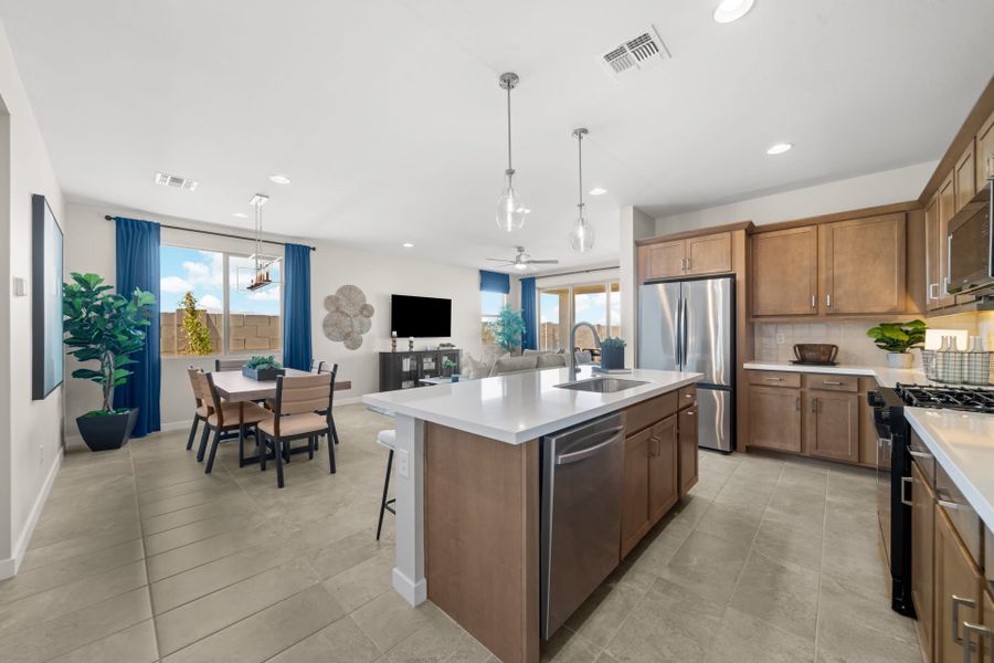 Kitchen, Dining Room & Great Room | Radiance Floorplan | Elara at Moonlight | New Homes in Maricopa, AZ by Landsea Homes Kitchen, Dining Room & Great Room | Radiance Floorplan | Elara at Moonlight | New Homes in Maricopa, AZ by Landsea Homes