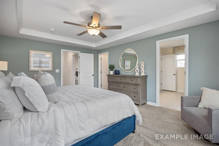 Bedroom featuring a raised ceiling, ceiling fan, crown molding, and light carpet