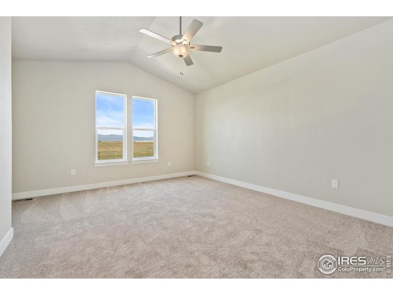 Primary bedroom with vaulted ceiling and fan!