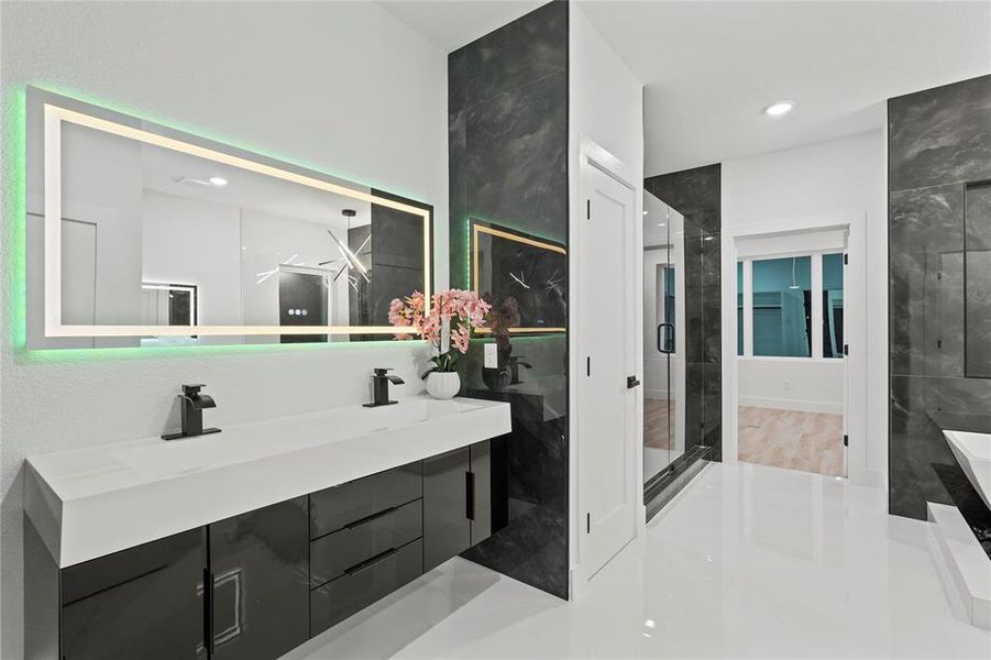 Bathroom featuring double vanity, a shower stall, a spacious closet, and recessed lighting Bathroom featuring double vanity, a shower stall, a spacious closet, and recessed lighting