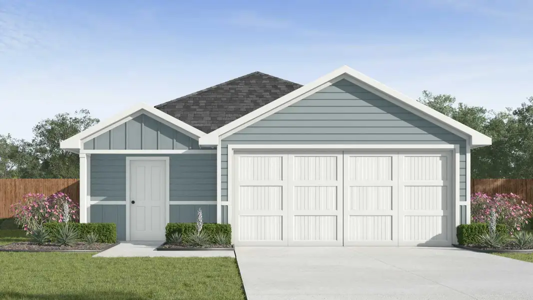 Front exterior of a new home in Marigold, Kyle, TX, highlighting curb appeal (Image 1). Front exterior of a new home in Marigold, Kyle, TX, highlighting curb appeal (Image 1).