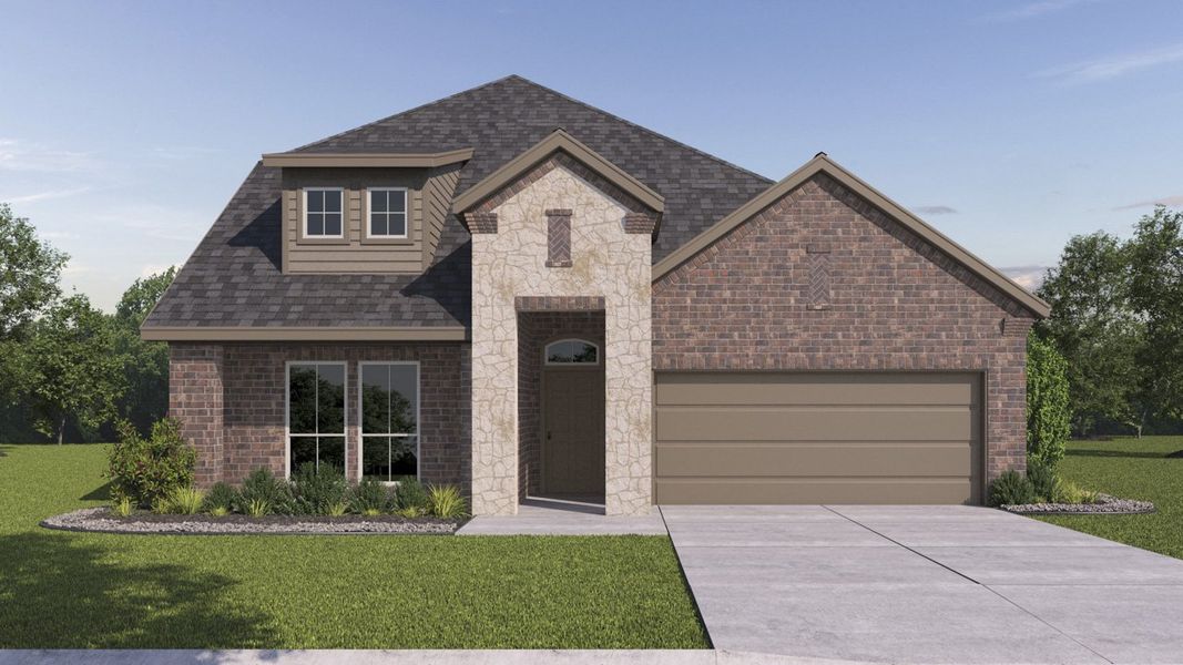 Front exterior of a new home in Madera, Royse City, TX, highlighting curb appeal (Image 1). Front exterior of a new home in Madera, Royse City, TX, highlighting curb appeal (Image 1).