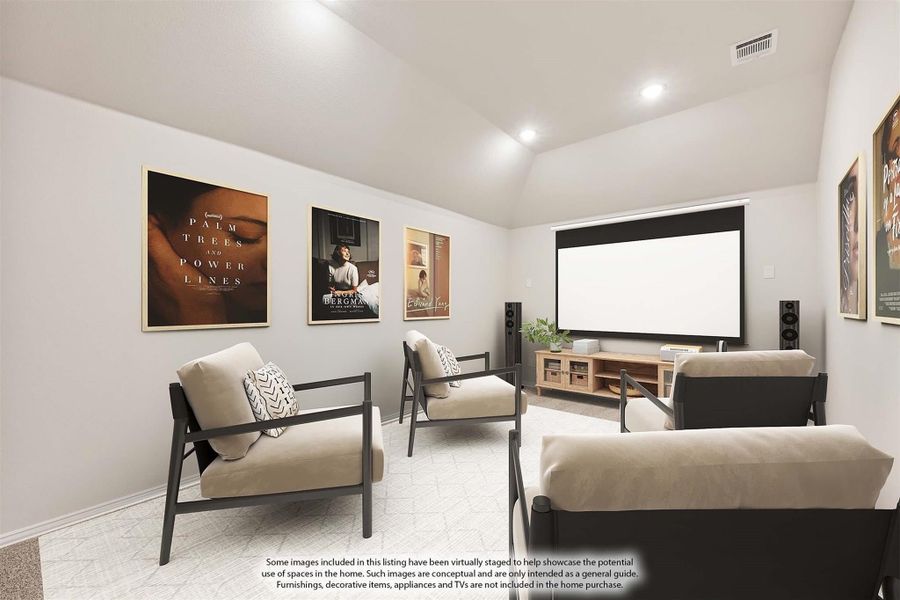 Media room with projection screen, seating chairs, movie posters, and vaulted ceiling