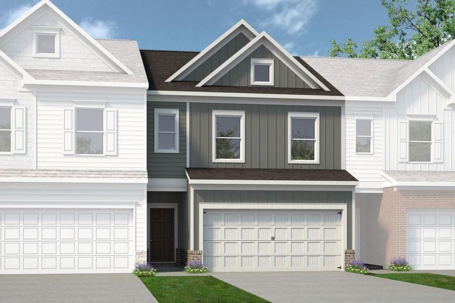 Front exterior of a new home in Townes At The Stiles, Cartersville, GA, highlighting curb appeal (Image 1).