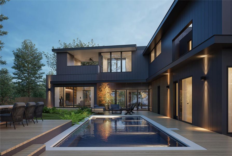 Back of house with a balcony, an outdoor pool, and a patio area Back of house with a balcony, an outdoor pool, and a patio area