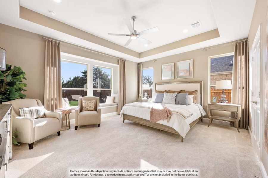 Master bedroom with tray ceiling, ceiling fan, carpet floors, sitting area, and large windows with natural light