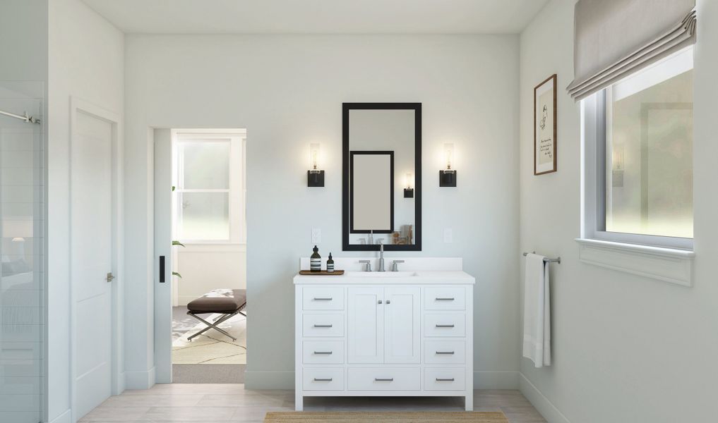 Primary bath with freestanding vanity