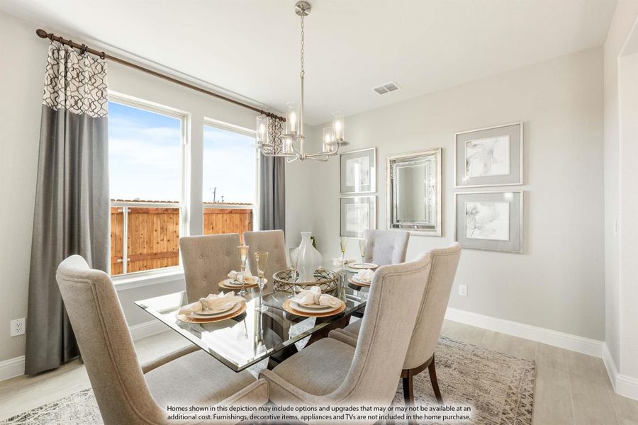 Dining room with glass-top table, six upholstered chairs, chandelier, and large windows with gray curtains