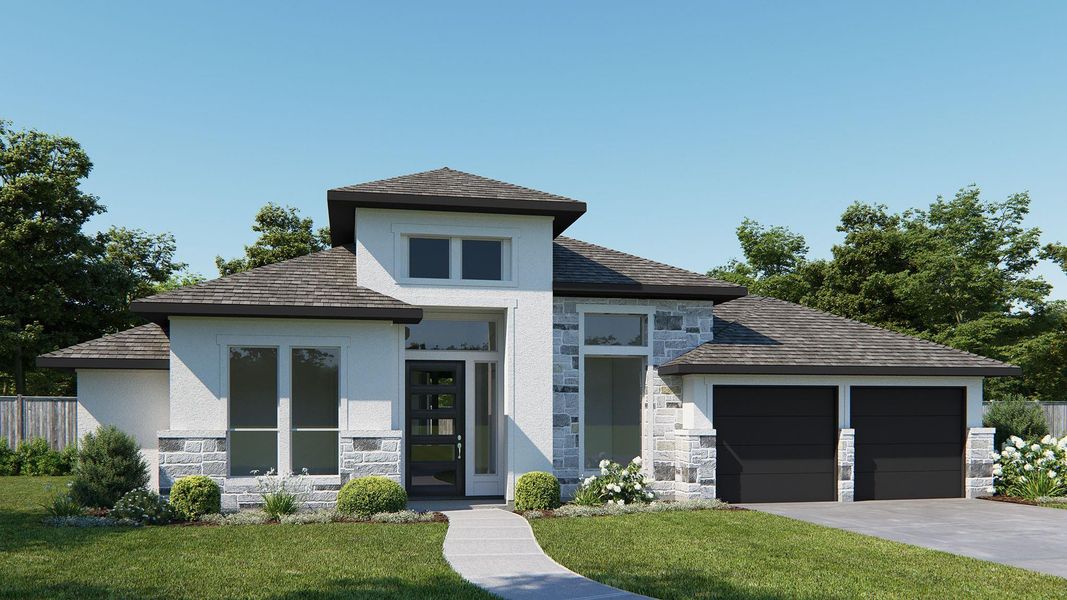 Front exterior of a new home in Meridiana 70', Manvel, TX, highlighting curb appeal (Image 1). Front exterior of a new home in Meridiana 70', Manvel, TX, highlighting curb appeal (Image 1).