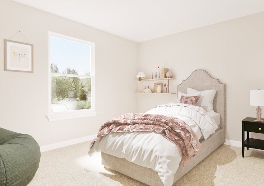 Cozy bedroom with neutral tones, featuring a bed with white and pink bedding, a small nightstand, a window with a view, and soft natural light.
