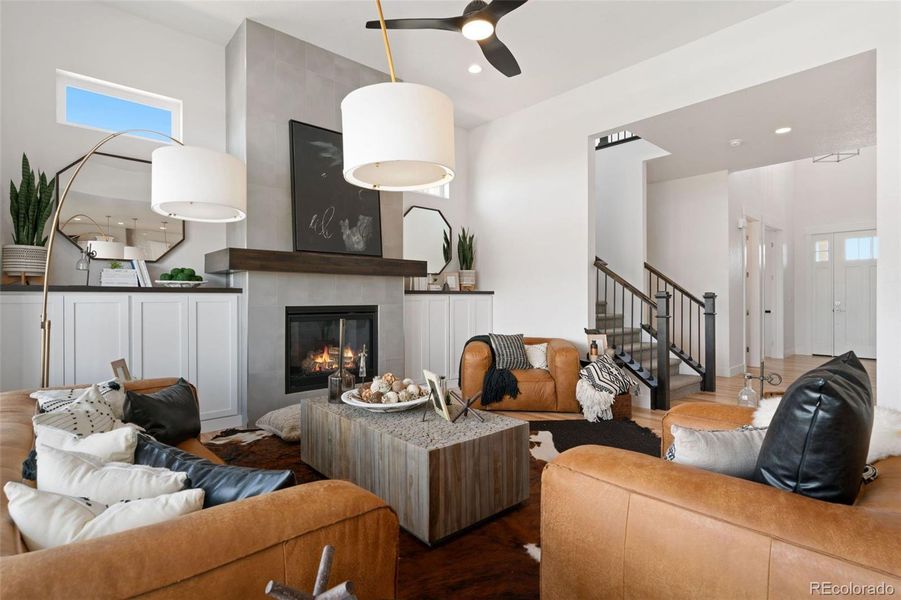 Elevated Ceilings in Living Room with Gas Fireplace