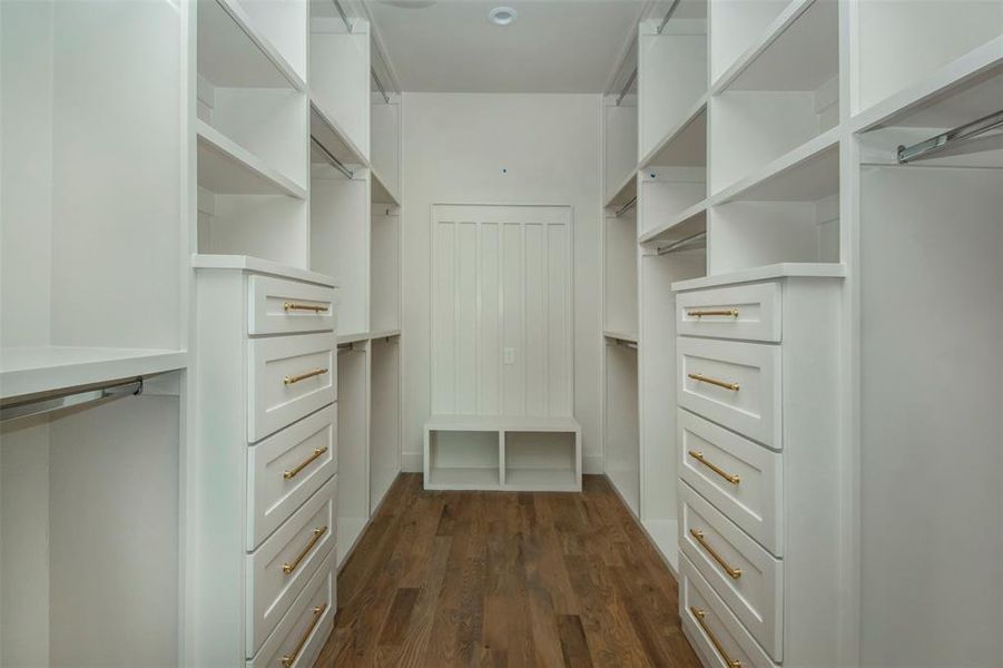 Walk in closet featuring dark wood-type flooring