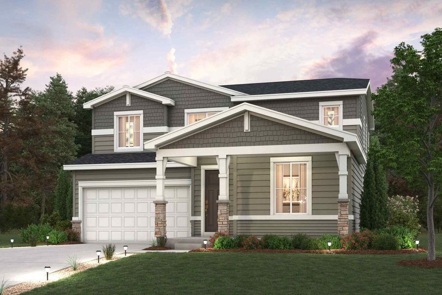 Front exterior of a new home in Prairie Song, Windsor, CO, highlighting curb appeal (Image 1). Front exterior of a new home in Prairie Song, Windsor, CO, highlighting curb appeal (Image 1).