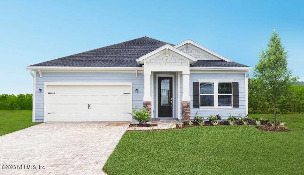 Front exterior of a new home in Silver Falls Single Family at SilverLeaf, St. Augustine, FL, highlighting curb appeal (Image 1). Front exterior of a new home in Silver Falls Single Family at SilverLeaf, St. Augustine, FL, highlighting curb appeal (Image 1).