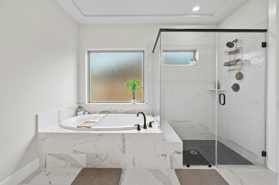 Soaking tub, tile surround shower