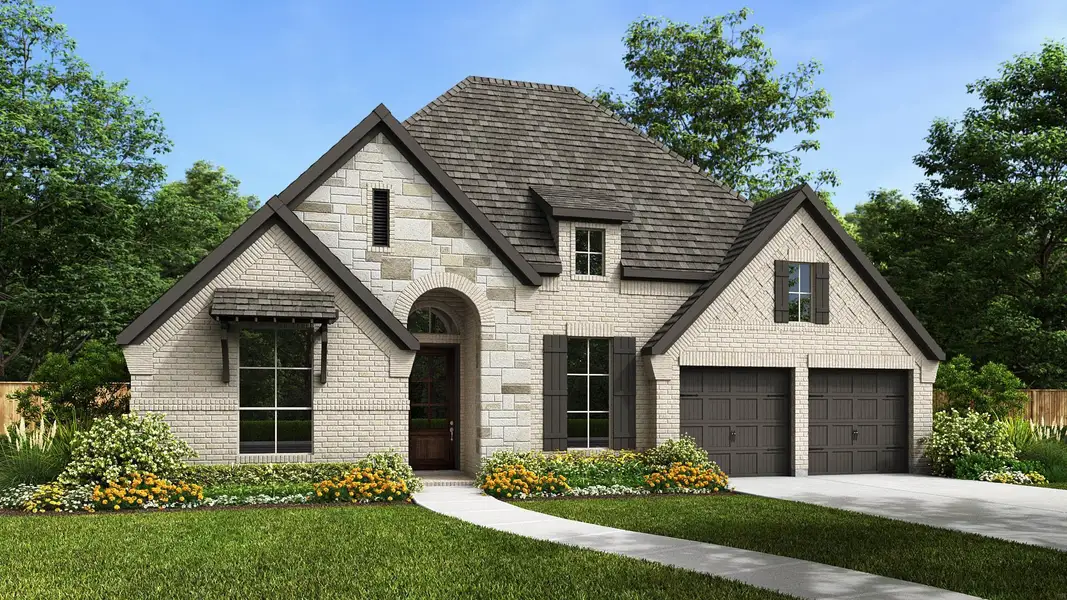 Front exterior of a new home in The Highlands 65', Porter, TX, highlighting curb appeal (Image 1).
