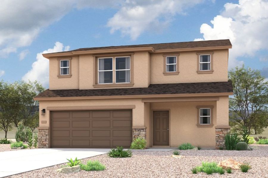 Front exterior of a new home in Western Crossings, Florence, AZ, highlighting curb appeal (Image 1). Front exterior of a new home in Western Crossings, Florence, AZ, highlighting curb appeal (Image 1).