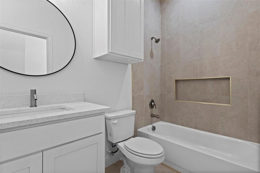 Full bathroom with vanity and washtub / shower combination Full bathroom with vanity and washtub / shower combination