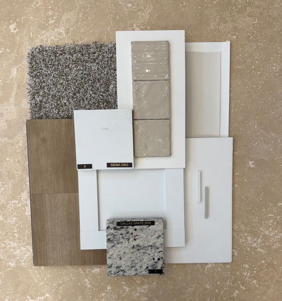 Home design material samples including gray carpet, wood flooring, Siena Oro tile, white cabinet door, and Dallas White granite swatch. Home design material samples including gray carpet, wood flooring, Siena Oro tile, white cabinet door, and Dallas White granite swatch.