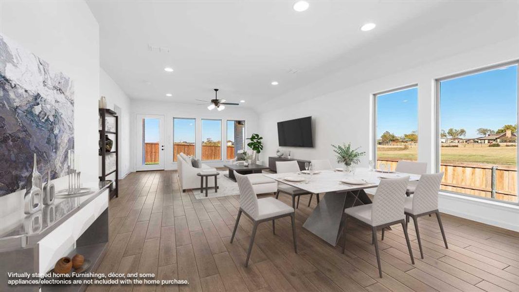 Dining room featuring ceiling fan, plenty of natural light, and wood-type flooring