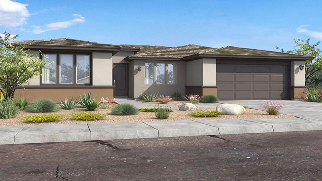 Front exterior of a new home in Meridian, Queen Creek, AZ, highlighting curb appeal (Image 1). Front exterior of a new home in Meridian, Queen Creek, AZ, highlighting curb appeal (Image 1).