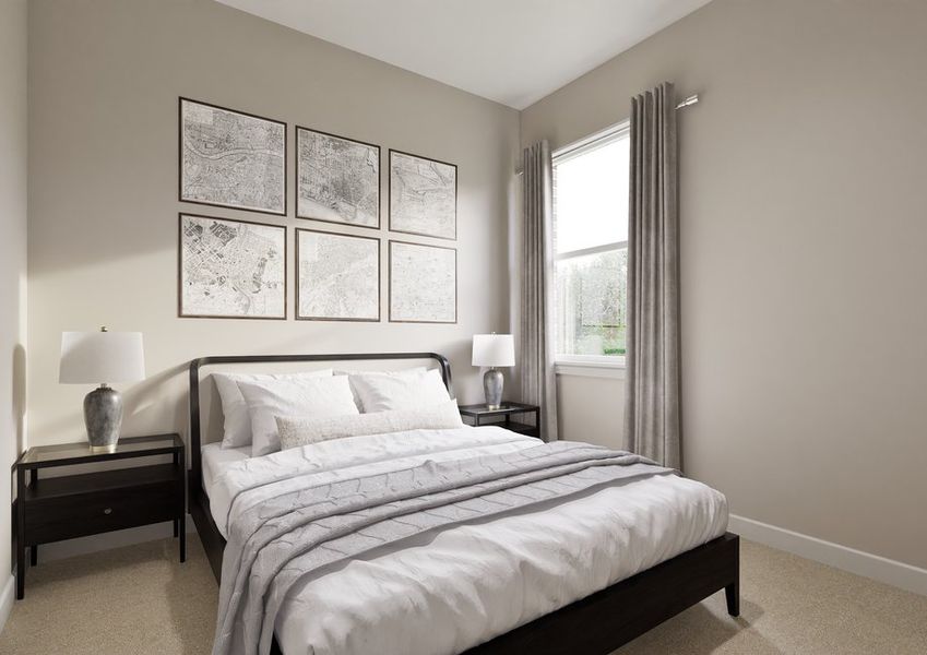 A minimalist bedroom features a neatly made bed with white linens and a gray throw. Light gray walls display a grid of six map artworks. Two bedside tables with lamps flank the bed, and a large window with curtains lets in soft natural light, creating a serene atmosphere. A minimalist bedroom features a neatly made bed with white linens and a gray throw. Light gray walls display a grid of six map artworks. Two bedside tables with lamps flank the bed, and a large window with curtains lets in soft natural light, creating a serene atmosphere.