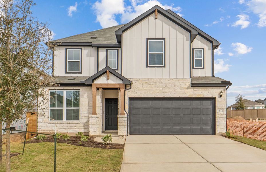 Front exterior of a new home in Horizon Lake, Leander, TX, highlighting curb appeal (Image 23).