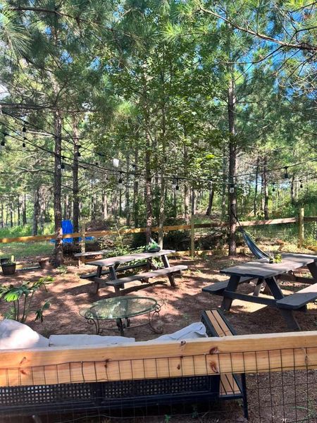 An inviting outdoor area with picnic tables sits nestled among mature trees.
