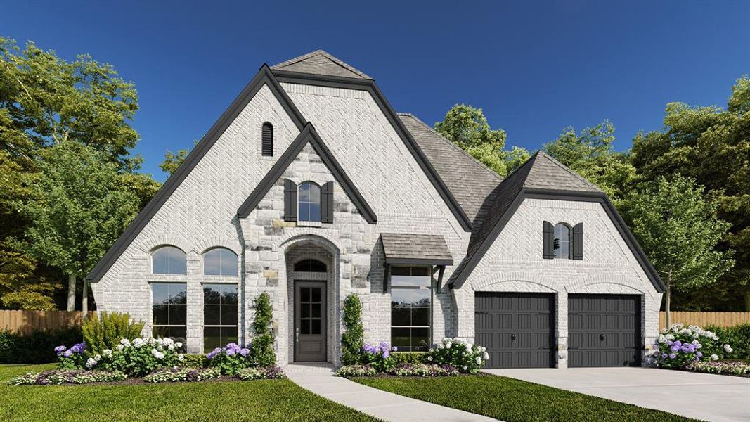 French country inspired facade featuring a front yard and a garage