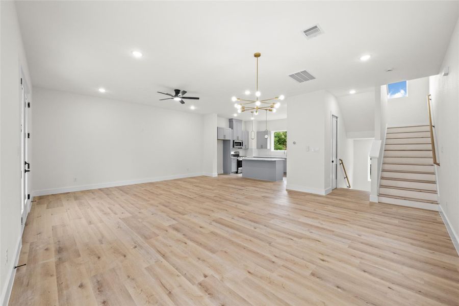 Full view of kitchen, dining and living space