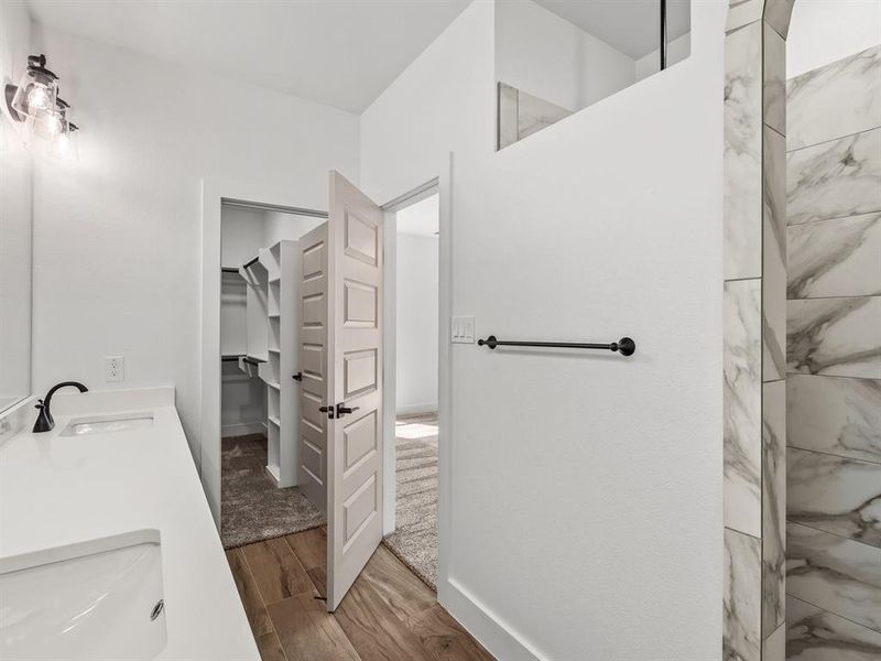 Bathroom featuring a sink, double vanity, wood finished floors, and a spacious closet