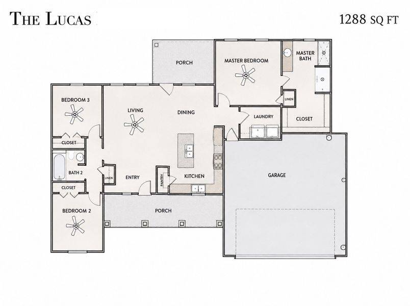 2D floor plan layout for the The Lucas by Zeal Home Builders in Horizon Meadow Estates, Paradise, TX (Image 5).