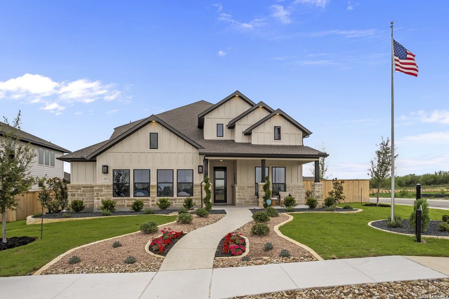 Front exterior of a new home in The Parklands, Schertz, TX, highlighting curb appeal (Image 1). Front exterior of a new home in The Parklands, Schertz, TX, highlighting curb appeal (Image 1).