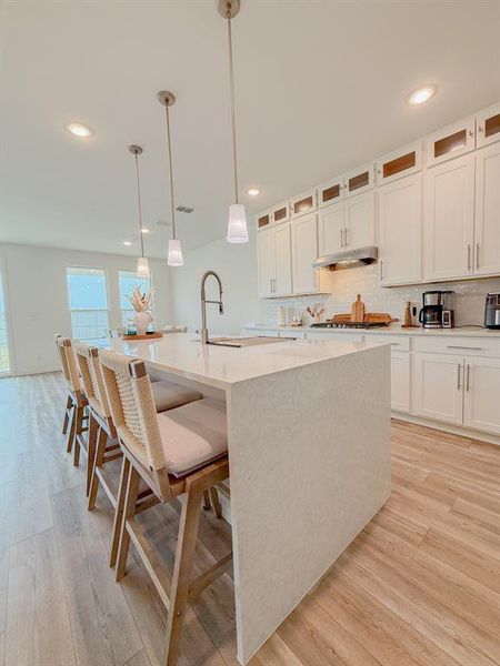 Kitchen featuring decorative backsplash, light wood-style floors, a sink, an island with sink, and under cabinet range hood