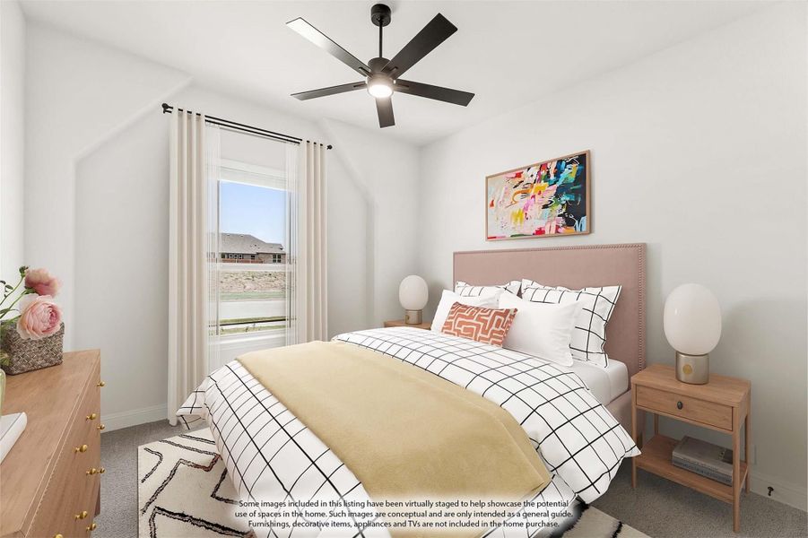 Bedroom with pink upholstered headboard, ceiling fan, and window with natural light Bedroom with pink upholstered headboard, ceiling fan, and window with natural light
